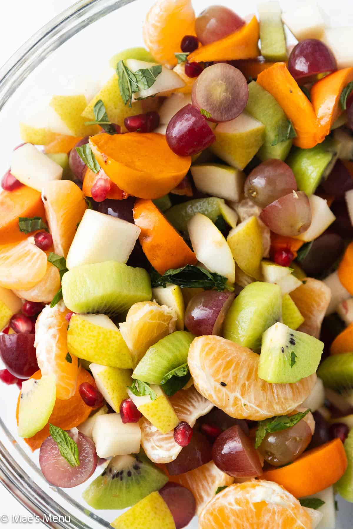 A close-up overhead shot of a bowl of winter fruit salad.