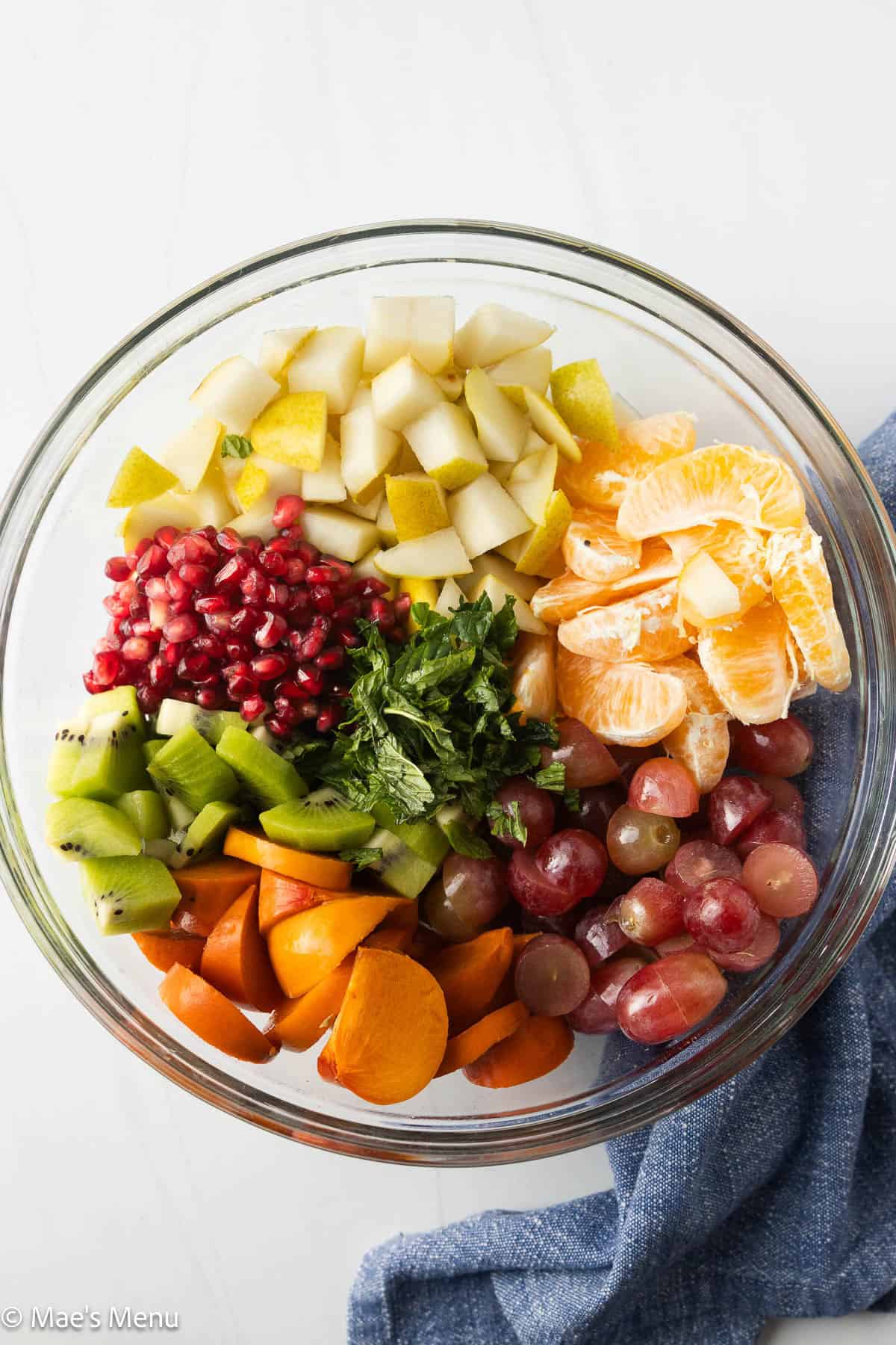 An overhead shot of a mixing bowl of the winter fruit salad before mixing.