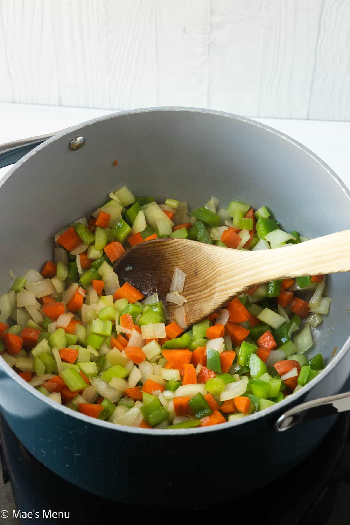 Sauteing the veggies in the large pot.