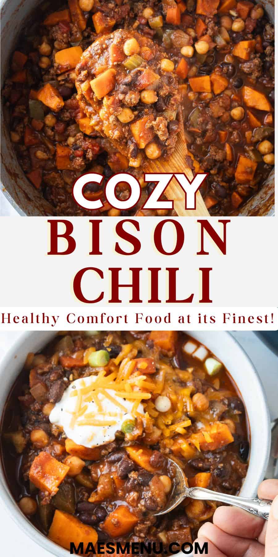 A Pinterest pin for cozy bison chili with two overhead shots of it.