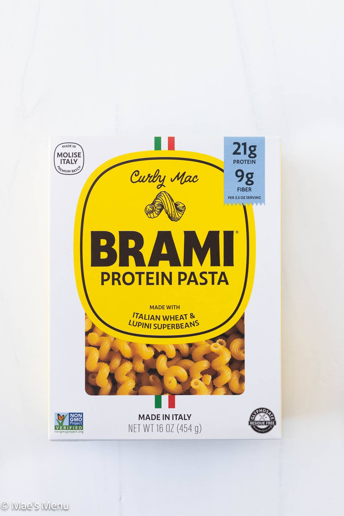 An overhead shot of Brami protein pasta.