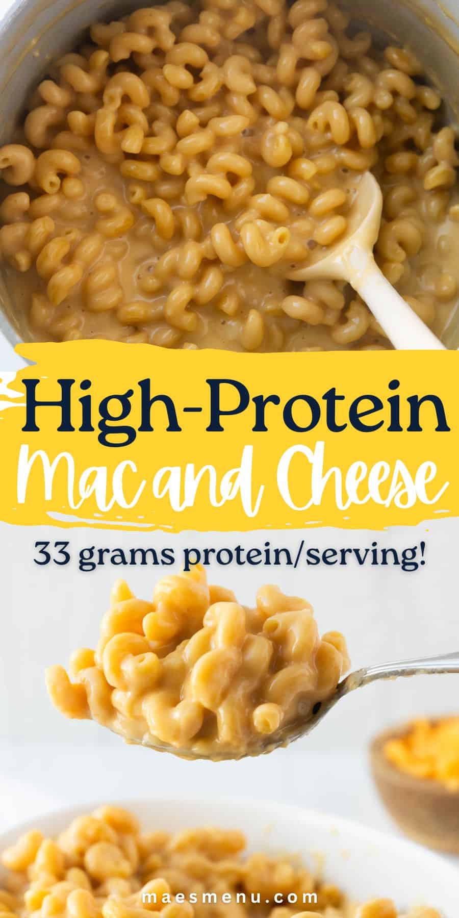 A pinterest pin for my high-protein mac and cheese recipe.