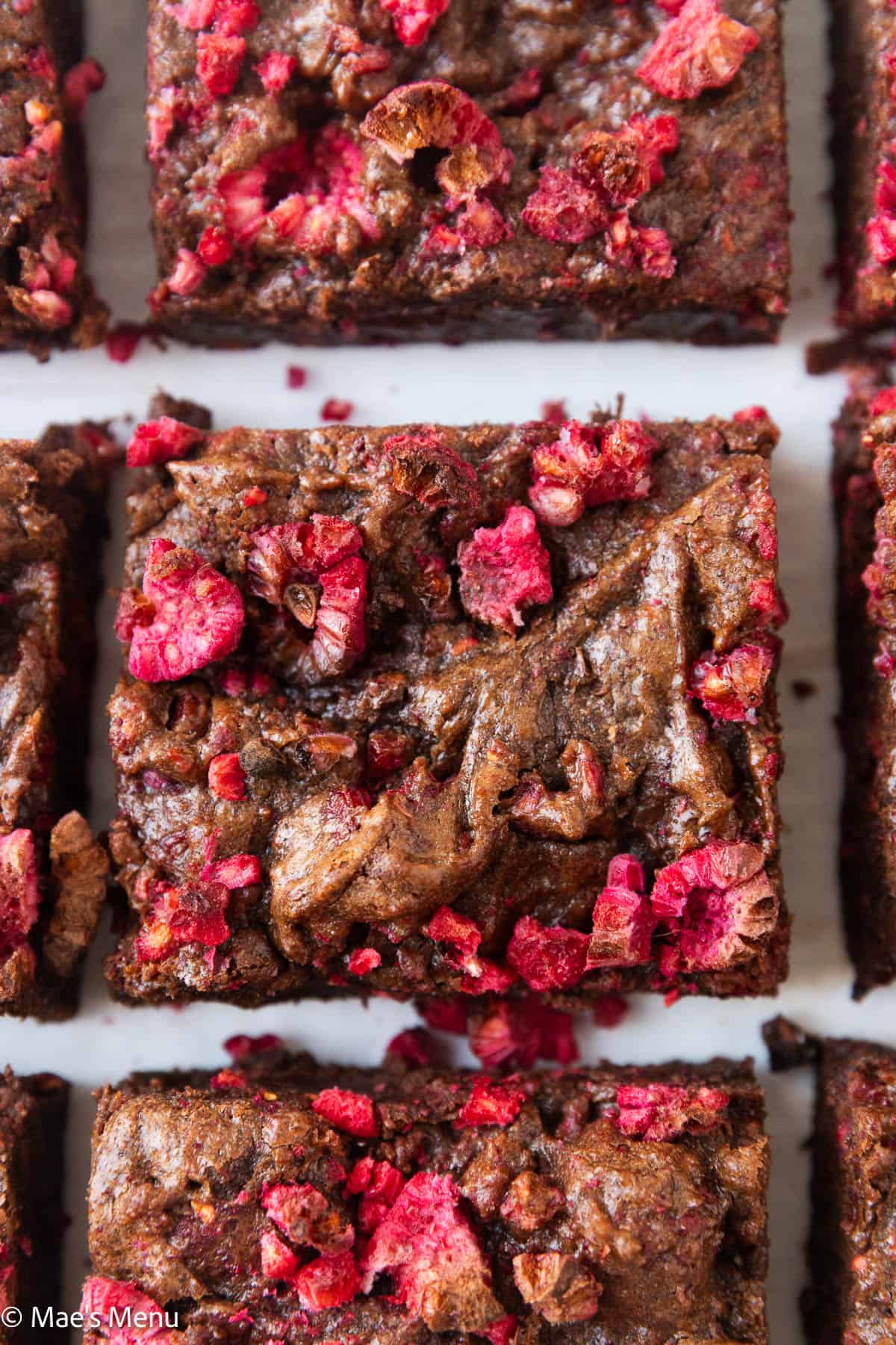 A close-up shot of a raspberry brownie.