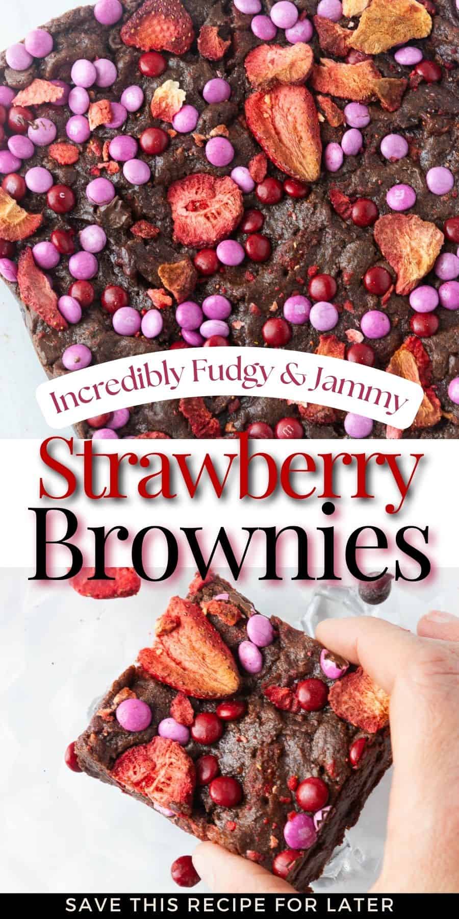 A pinterest pin for Strawberry brownies with two overhead shots of them.