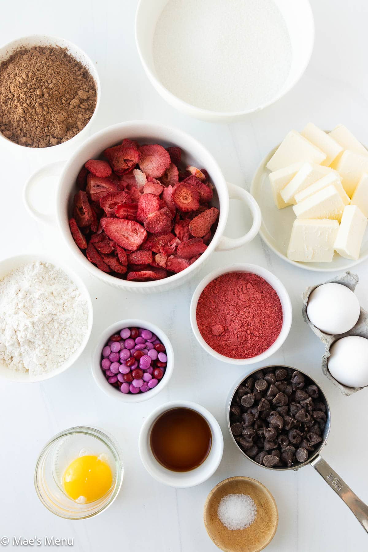 An overhead shot of all the ingredients needed to make strawberry brownies.