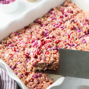 Serving the strawberry rice krispioes.