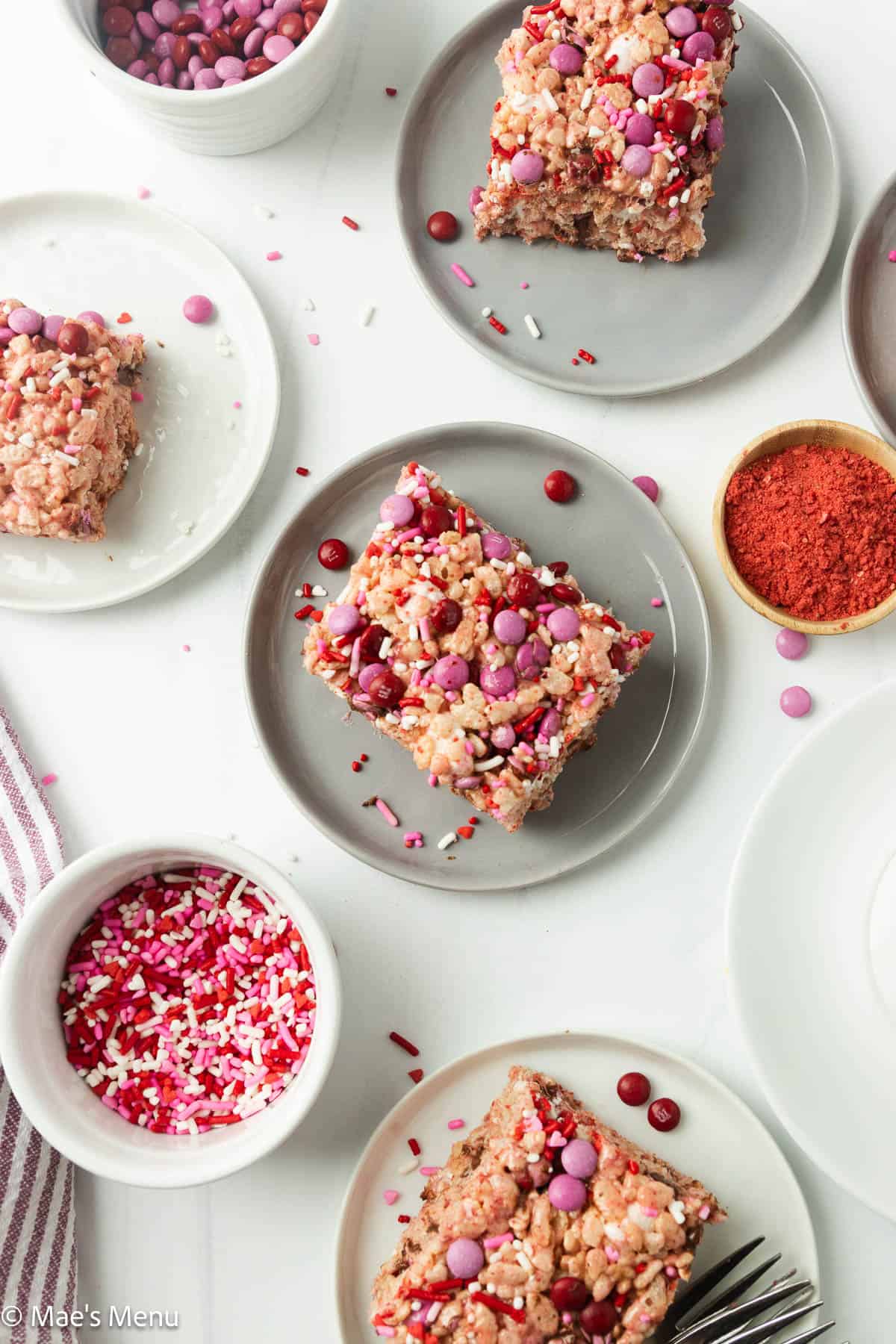 Overhead shot of small plate of strawberry rice krispies