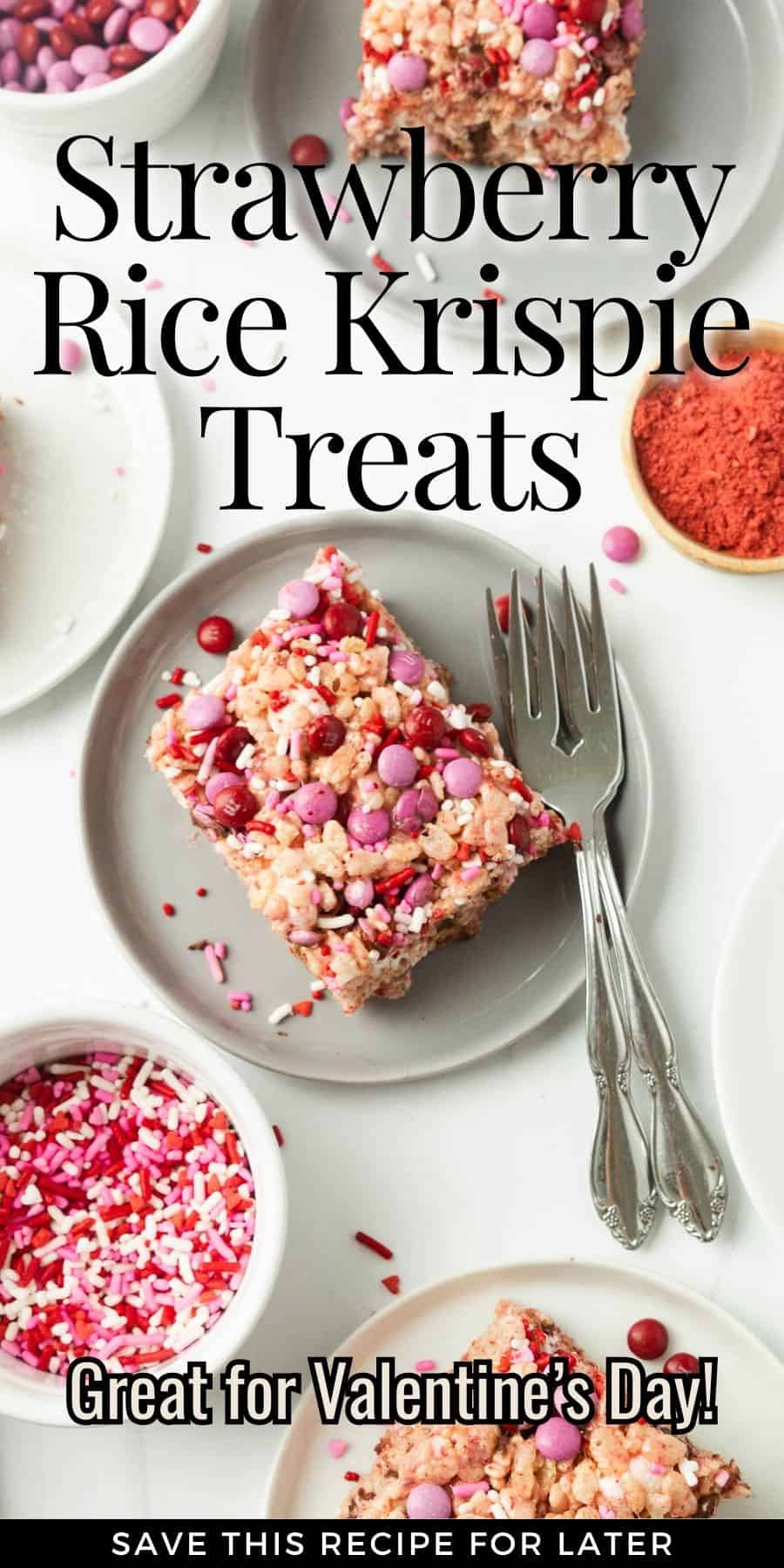 A pinterest pin for strawberry rice krispie treats.