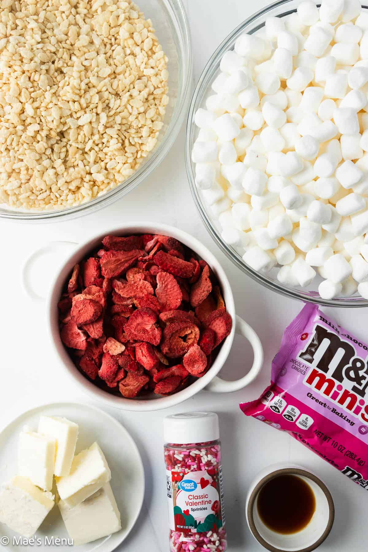 All the ingredients to make strawberry rice krispie treats.