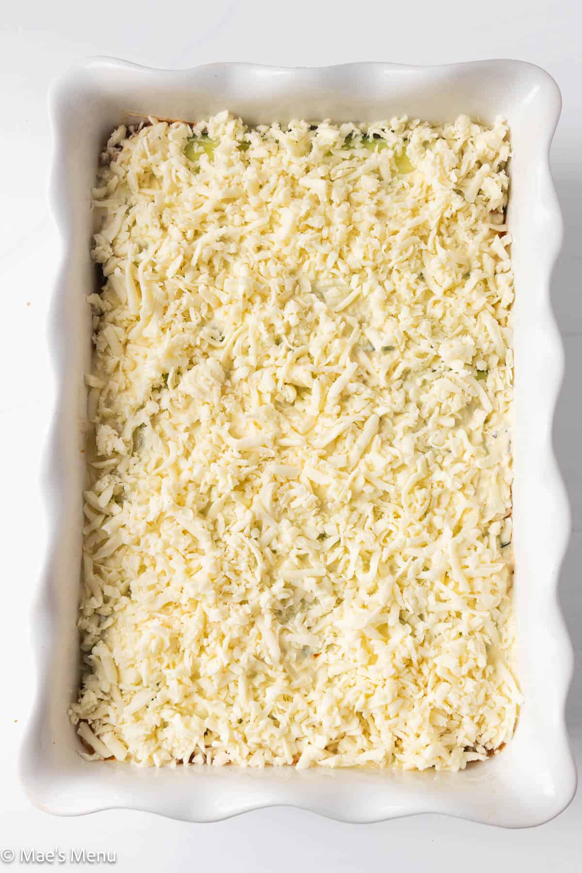 An overhead shot of the zucchini lasagna before baking.