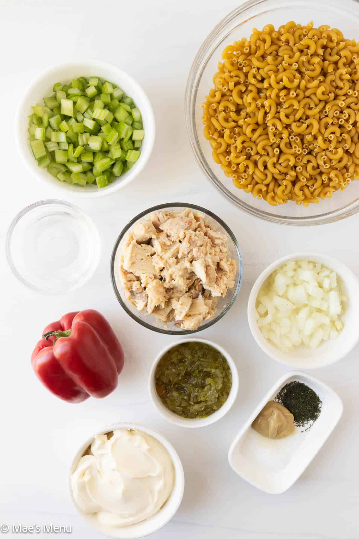 All the ingredients needed to make tuna pasta salad