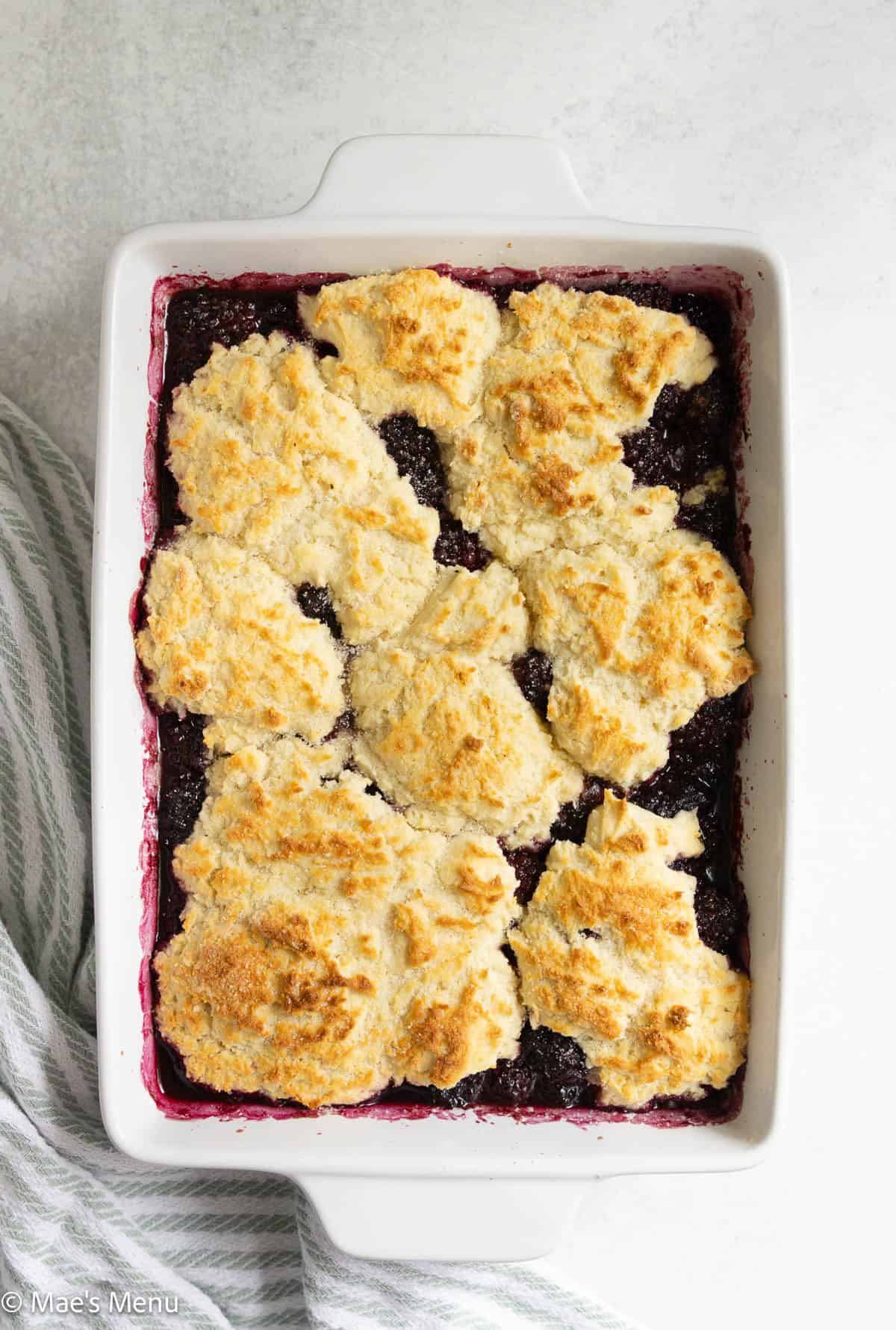 An overhead shot of a pan of freshly-baked blackberry cobbler.