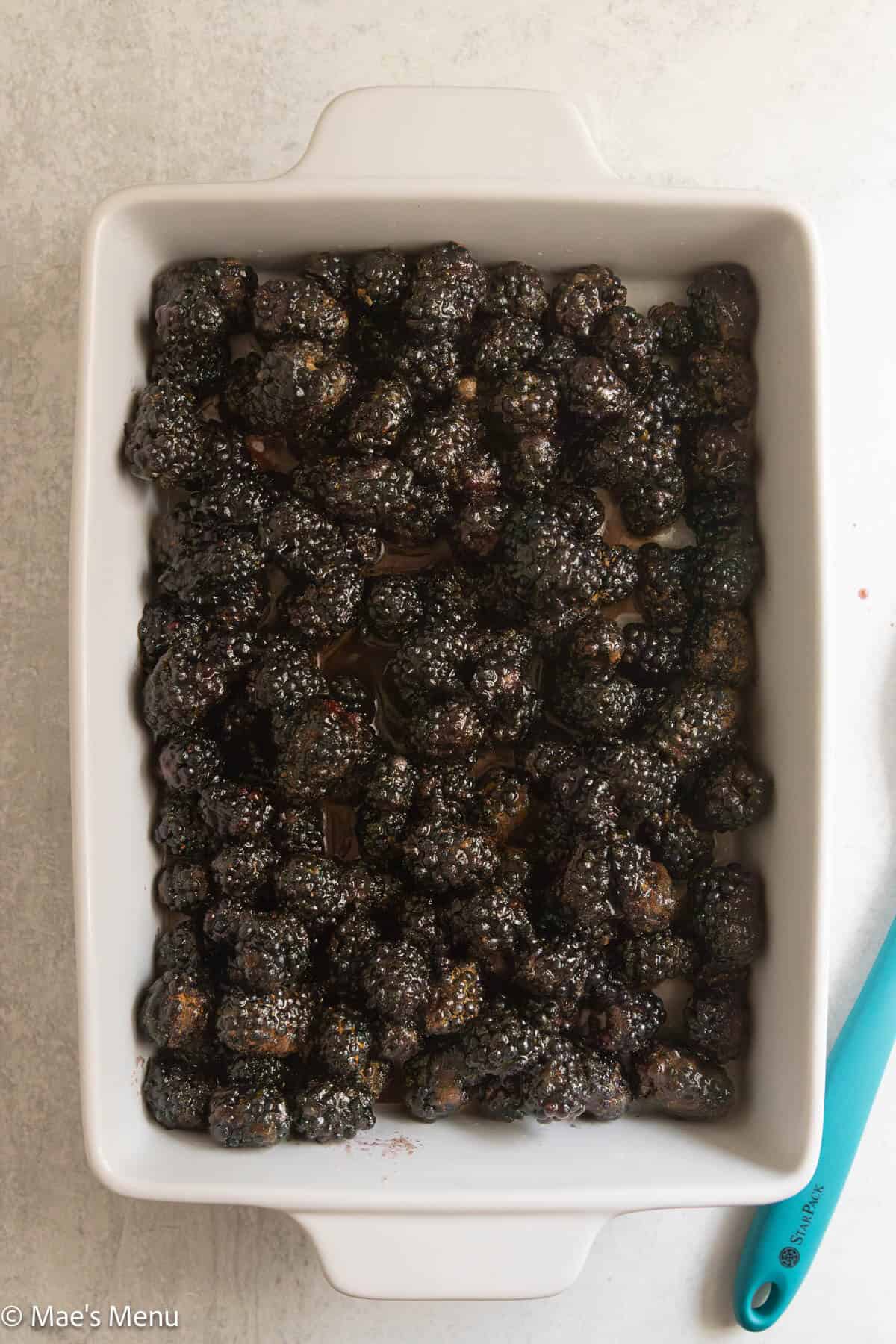 An overhead shot of a pan of blackberry cobbler.